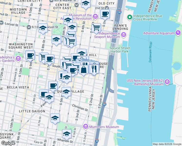 map of restaurants, bars, coffee shops, grocery stores, and more near 220 South Street in Philadelphia