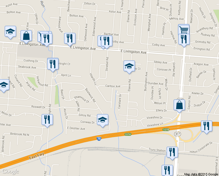 map of restaurants, bars, coffee shops, grocery stores, and more near 3973 Carlton Avenue in Columbus