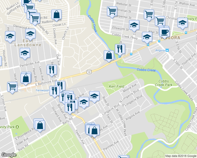 map of restaurants, bars, coffee shops, grocery stores, and more near Baltimore Avenue in Lansdowne