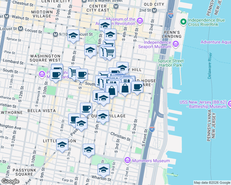 map of restaurants, bars, coffee shops, grocery stores, and more near 316 Bainbridge Street in Philadelphia