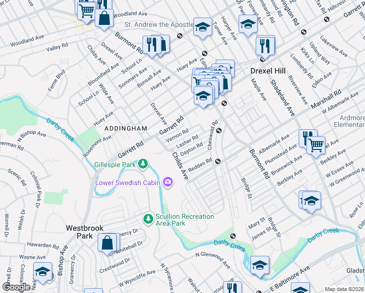 map of restaurants, bars, coffee shops, grocery stores, and more near 4050 Dayton Road in Drexel Hill
