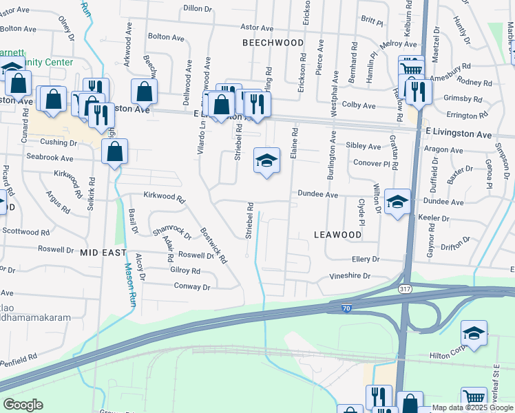 map of restaurants, bars, coffee shops, grocery stores, and more near 1627 Striebel Road in Columbus