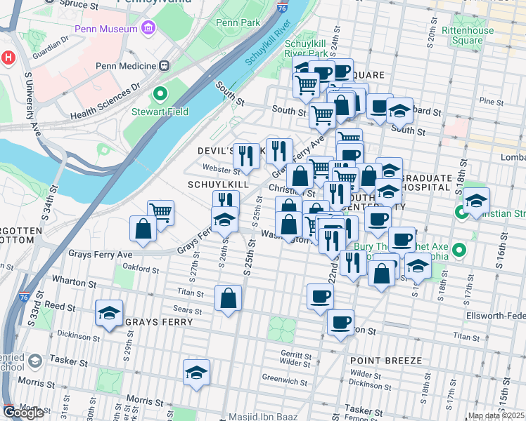 map of restaurants, bars, coffee shops, grocery stores, and more near 2448 Carpenter Street in Philadelphia