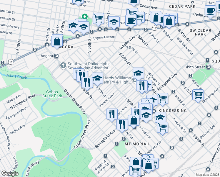 map of restaurants, bars, coffee shops, grocery stores, and more near 5648 Ridgewood Street in Philadelphia