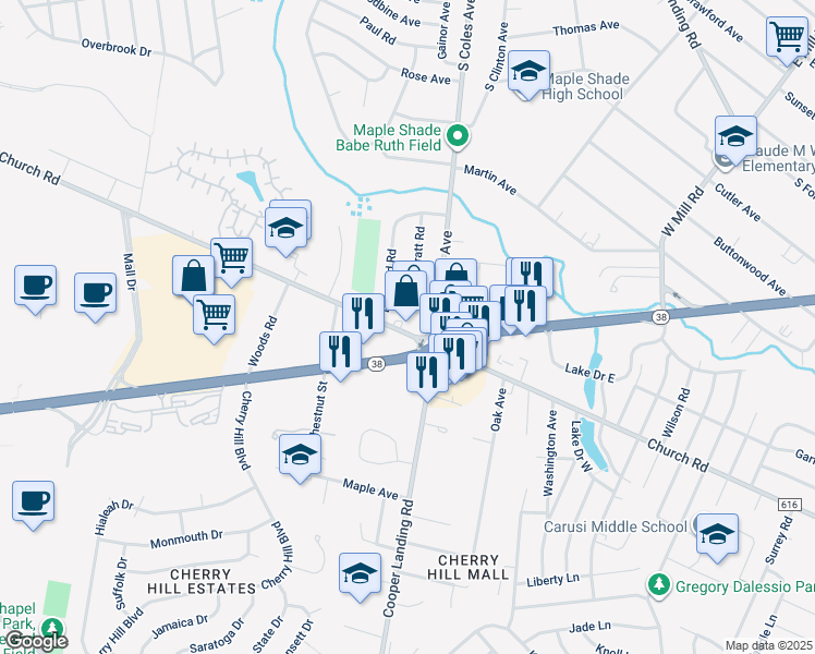 map of restaurants, bars, coffee shops, grocery stores, and more near 2328 New Jersey 38 in Cherry Hill