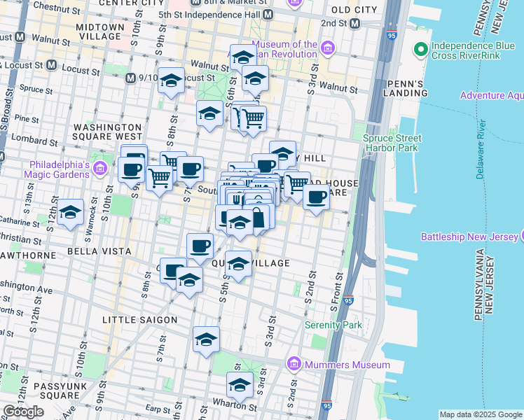 map of restaurants, bars, coffee shops, grocery stores, and more near 620 South 4th Street in Philadelphia