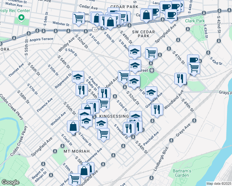 map of restaurants, bars, coffee shops, grocery stores, and more near 5233 Chester Avenue in Philadelphia
