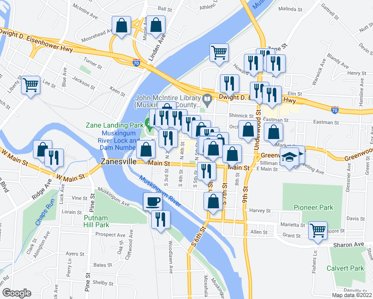 map of restaurants, bars, coffee shops, grocery stores, and more near 36 North 4th Street in Zanesville