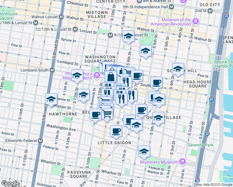 map of restaurants, bars, coffee shops, grocery stores, and more near 712 South Darien Street in Philadelphia