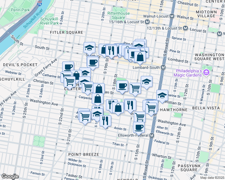 map of restaurants, bars, coffee shops, grocery stores, and more near 1800 Webster Street in Philadelphia