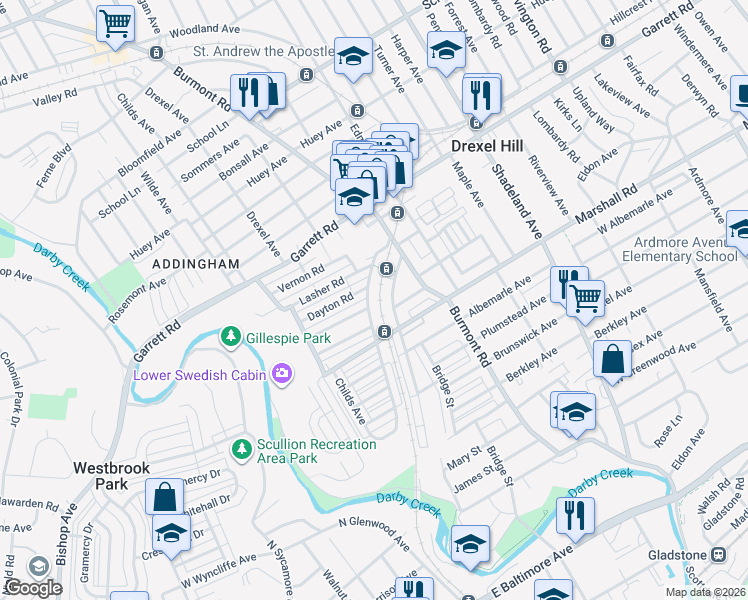 map of restaurants, bars, coffee shops, grocery stores, and more near in Drexel Hill