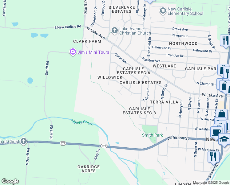 map of restaurants, bars, coffee shops, grocery stores, and more near 1120 Cambridge Court in New Carlisle