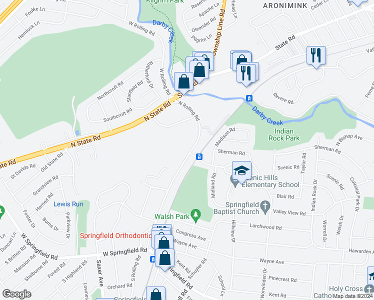 map of restaurants, bars, coffee shops, grocery stores, and more near 272 North Rolling Road in Springfield