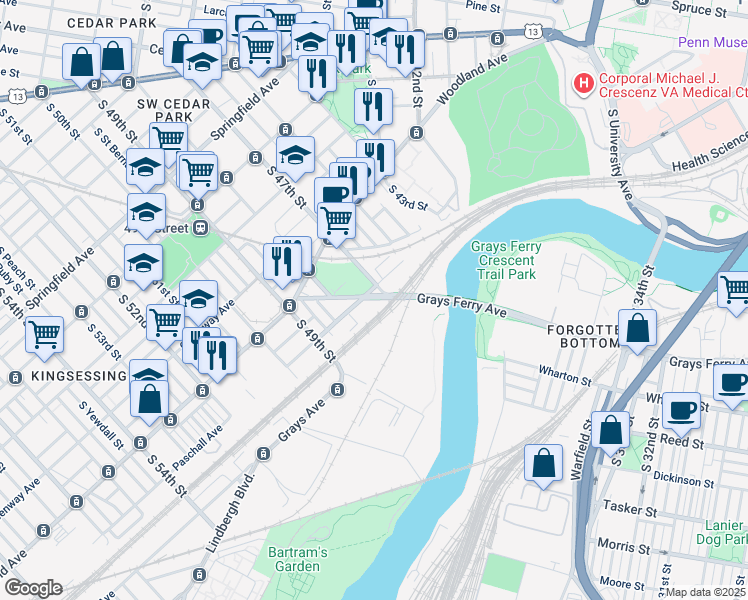 map of restaurants, bars, coffee shops, grocery stores, and more near 1514 Grays Ferry Avenue in Philadelphia