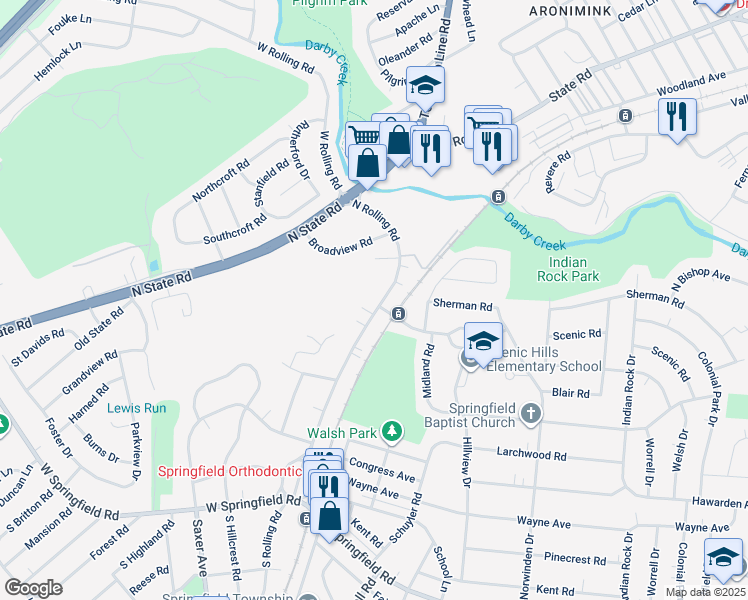 map of restaurants, bars, coffee shops, grocery stores, and more near 272 North Rolling Road in Springfield