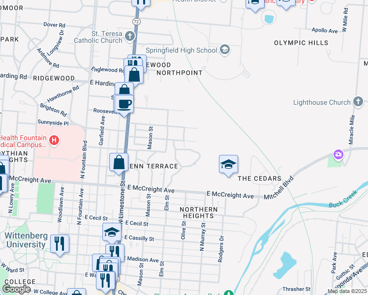 map of restaurants, bars, coffee shops, grocery stores, and more near 1401 Water Street in Springfield