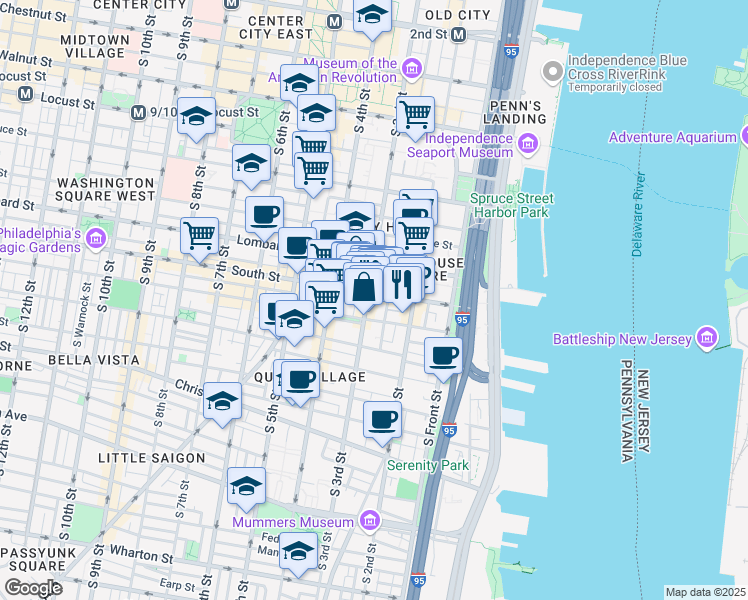map of restaurants, bars, coffee shops, grocery stores, and more near 605 South 3rd Street in Philadelphia
