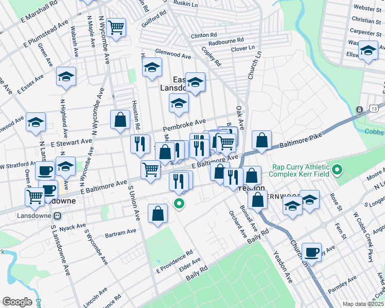 map of restaurants, bars, coffee shops, grocery stores, and more near 10 Penn Boulevard in Lansdowne