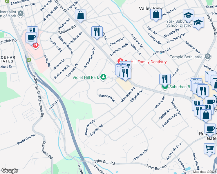 map of restaurants, bars, coffee shops, grocery stores, and more near 377 Randolph Drive in York