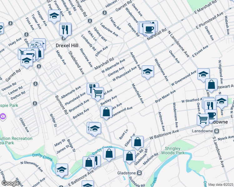 map of restaurants, bars, coffee shops, grocery stores, and more near 215 Berkley Avenue in Lansdowne