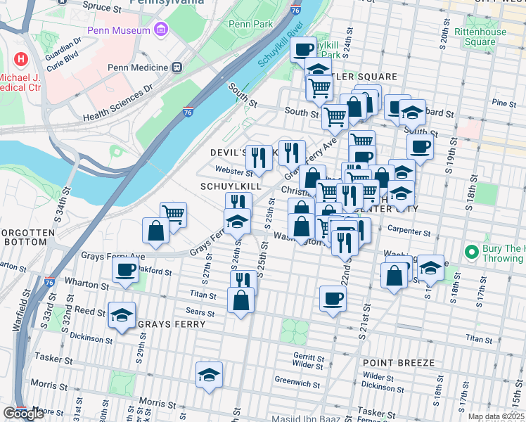 map of restaurants, bars, coffee shops, grocery stores, and more near 2510 Carpenter Street in Philadelphia
