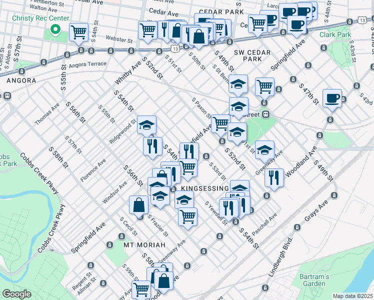map of restaurants, bars, coffee shops, grocery stores, and more near 1301 South Ruby Street in Philadelphia