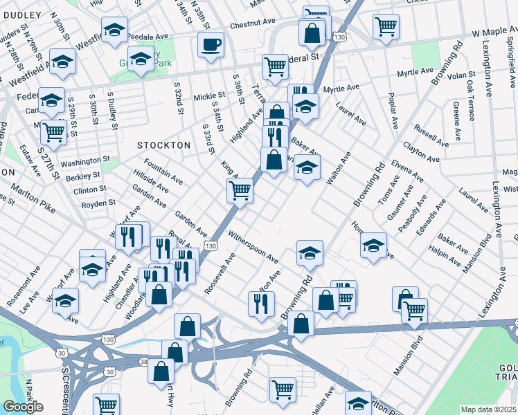 map of restaurants, bars, coffee shops, grocery stores, and more near 4035 Burwood Avenue in Pennsauken Township