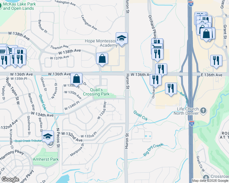 map of restaurants, bars, coffee shops, grocery stores, and more near 13507 Huron Street in Westminster