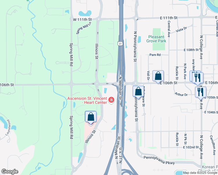 map of restaurants, bars, coffee shops, grocery stores, and more near 3449 North Illinois Street in Indianapolis