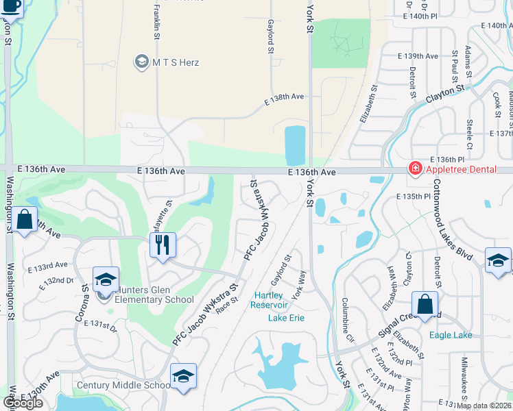 map of restaurants, bars, coffee shops, grocery stores, and more near 1885 East 135th Avenue in Thornton