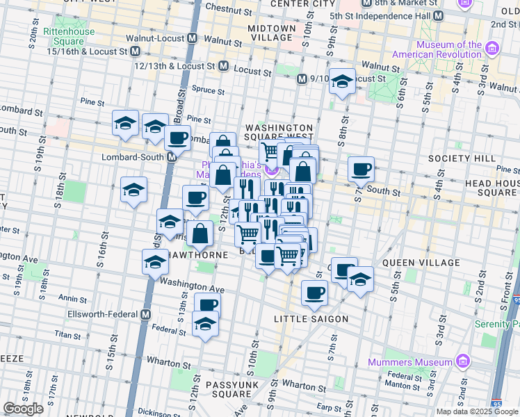 map of restaurants, bars, coffee shops, grocery stores, and more near 736 South Clifton Street in Philadelphia