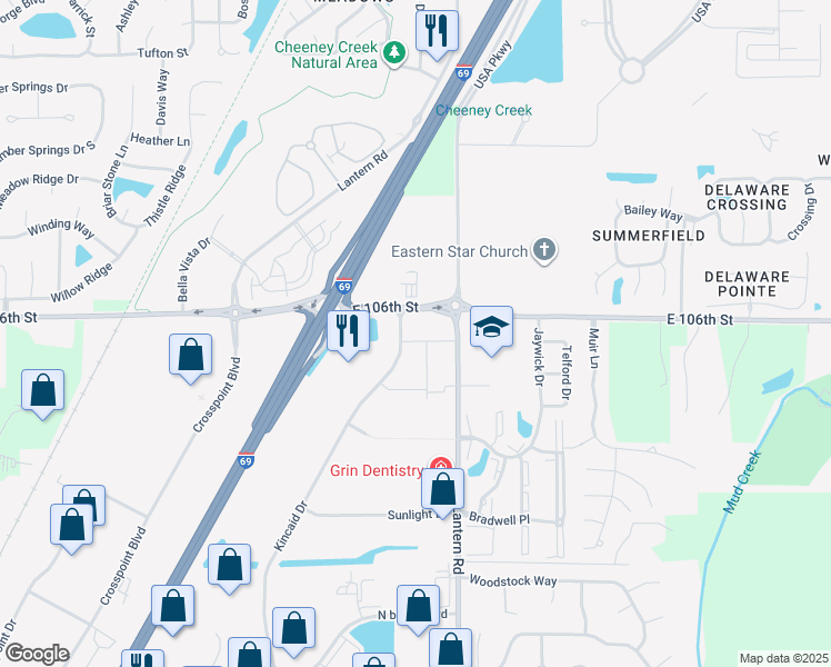 map of restaurants, bars, coffee shops, grocery stores, and more near 10501-10599 Kincaid Drive in Fishers