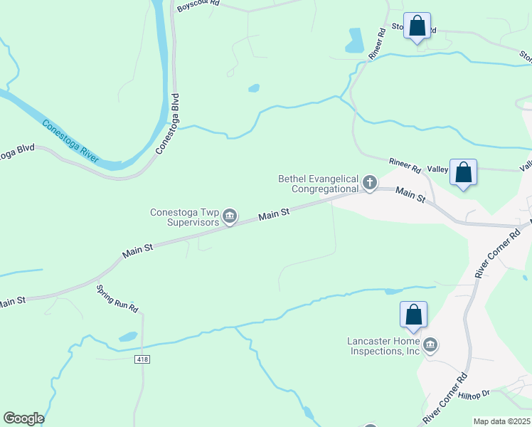 map of restaurants, bars, coffee shops, grocery stores, and more near 3895 Main Street in Conestoga