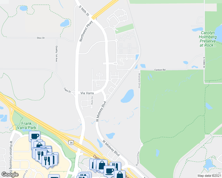 map of restaurants, bars, coffee shops, grocery stores, and more near 13410 Via Varra in Broomfield