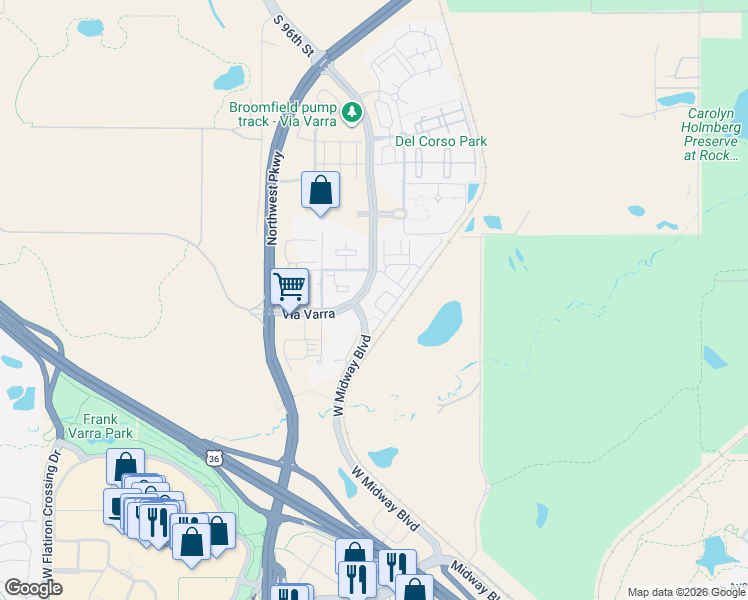 map of restaurants, bars, coffee shops, grocery stores, and more near 13410 Via Varra in Broomfield