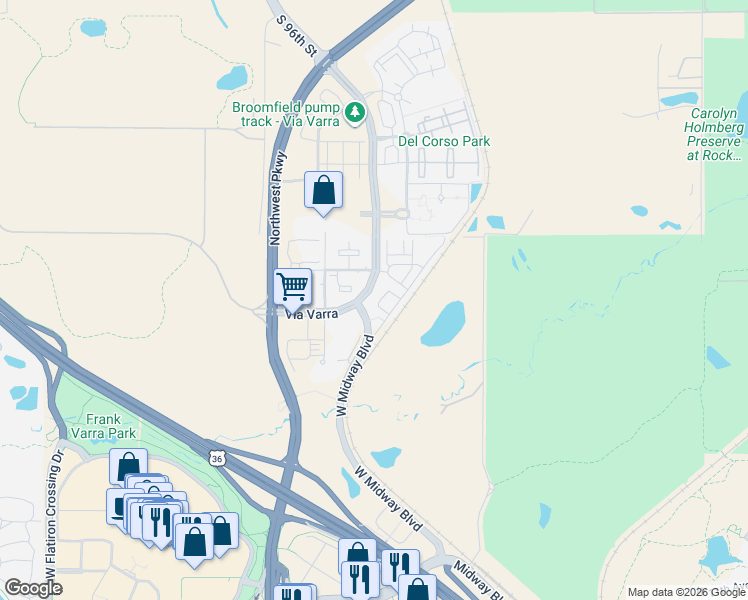 map of restaurants, bars, coffee shops, grocery stores, and more near 13410 Via Varra in Broomfield