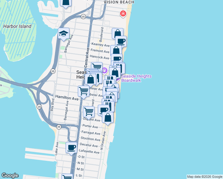 map of restaurants, bars, coffee shops, grocery stores, and more near 16 Webster Avenue in Seaside Heights