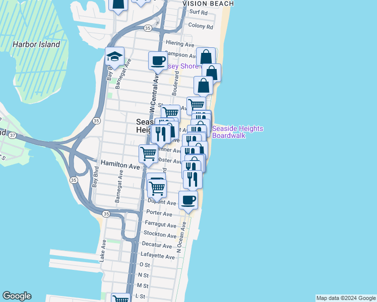 map of restaurants, bars, coffee shops, grocery stores, and more near 16 Webster Avenue in Seaside Heights