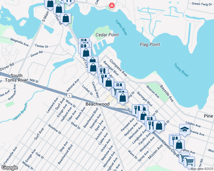 map of restaurants, bars, coffee shops, grocery stores, and more near 118 Ship Avenue in Beachwood