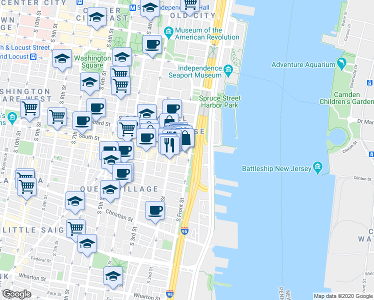 map of restaurants, bars, coffee shops, grocery stores, and more near in Philadelphia