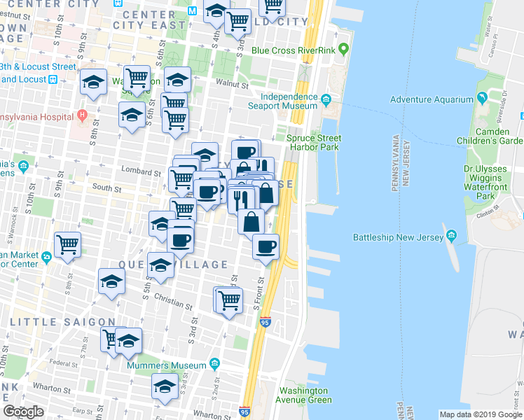map of restaurants, bars, coffee shops, grocery stores, and more near in Philadelphia