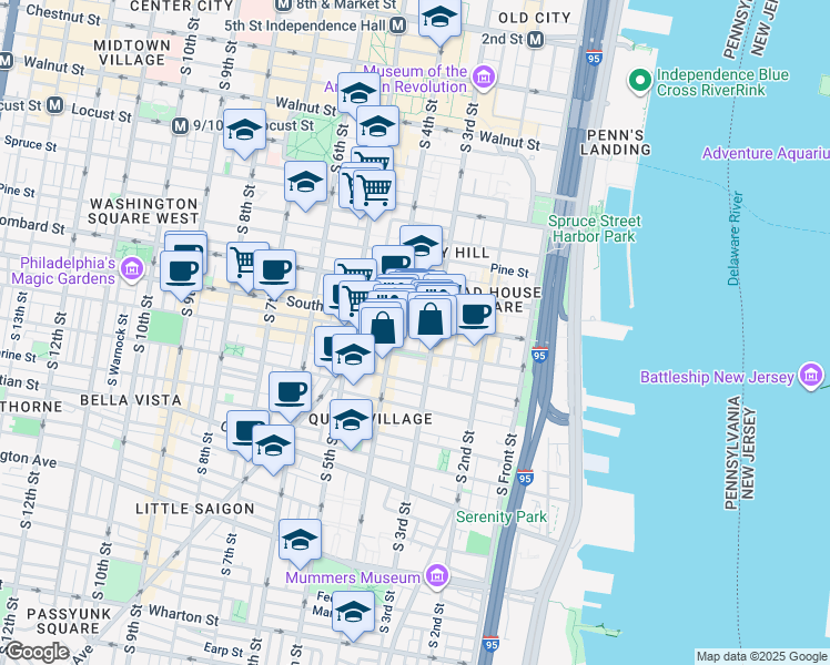 map of restaurants, bars, coffee shops, grocery stores, and more near 310 Bainbridge Street in Philadelphia
