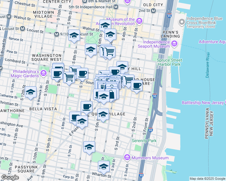 map of restaurants, bars, coffee shops, grocery stores, and more near 413 Bainbridge Street in Philadelphia