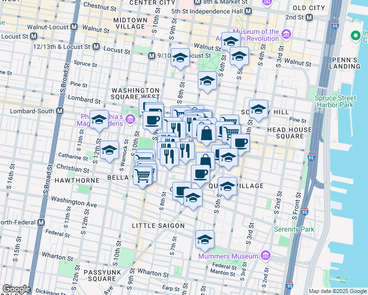 map of restaurants, bars, coffee shops, grocery stores, and more near in Philadelphia