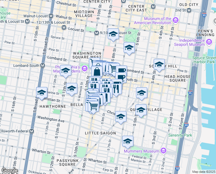 map of restaurants, bars, coffee shops, grocery stores, and more near 736 South 8th Street in Philadelphia