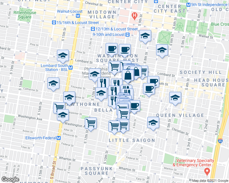 map of restaurants, bars, coffee shops, grocery stores, and more near 753 South 10th Street in Philadelphia
