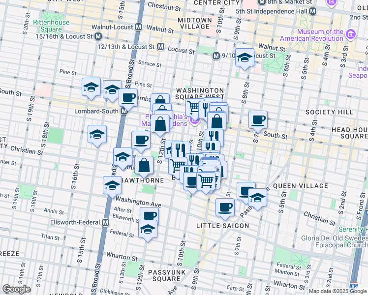map of restaurants, bars, coffee shops, grocery stores, and more near 755 South 11th Street in Philadelphia