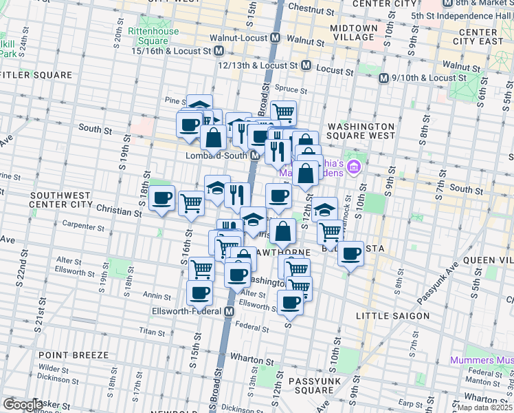 map of restaurants, bars, coffee shops, grocery stores, and more near 1331 Webster Street in Philadelphia