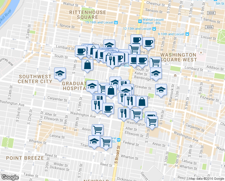 map of restaurants, bars, coffee shops, grocery stores, and more near 814 South 15th Street in Philadelphia