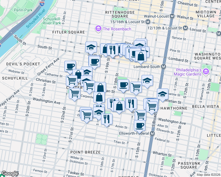 map of restaurants, bars, coffee shops, grocery stores, and more near 911 South 18th Street in Philadelphia